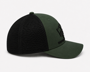 Casquette unisexe en maille ventilée vert olive et noir, chapeau de randonnée respirant avec visière incurvée et panneau logo - Product Image 3