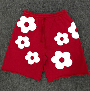 Pantalones Cortos de Mezclilla Azul Marino Oversize para Hombre con Gráfico Floral Blanco, Estilo Urbano, Ajuste Holgado, Dobladillo sin Rematar, Transpirables, Cierre con Cordón, Logo Frontal - Product Image 4