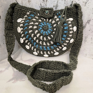 Navy Blue Crochet Mandala Crossbody Bag for Women Handmade Round Purse <b>with</b> White Shell <b>Trim</b> Blue Accents <b>Tassel</b> Unique Boho Bag - Product Image 5