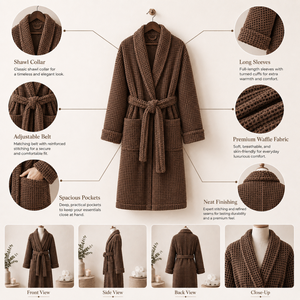 Wholesale Brown 450 GSM Cotton <b>Bath</b> Robe Hotel Grade Soft Absorbent Terry Bathrobe for Luxury Hotels Resorts Spa and Hospitality - Product Image 5
