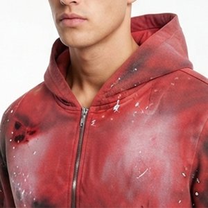 Sudadera con Capucha y Cremallera para Hombre, con Logotipo Personalizado de Pedrería, Estampado Tie-Dye Rojo, Ajuste Regular, Estilo Casual de Otoño, Tejido de Poliéster - Product Image 4