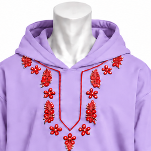 Sweat à capuche brodé Lavender Indus, motif floral, poche kangourou, coupe oversize, style streetwear décontracté - Product Image 3