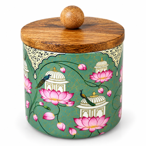 Recipiente Hermético Decorativo de Metal con Tapa de Madera y Diseño Floral Verde Azulado, Recipiente de Cocina de Lujo para Frutos Secos, Nueces y Galletas - Product Image 1