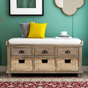 Rustic 3-Drawer <b>Storage</b> Bench with 3 Rattan <b>Baskets</b> Living Room Furniture <b>for</b> Entryway or Shoe Organization - Product Image 2