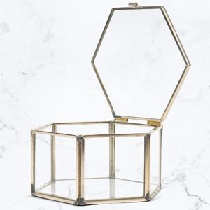 Glass Jewelry <b>Box</b> Hexagon Shape With Lid Minimalist Design Hinged Metal Frame <b>Storage</b> Container - Product Image 4