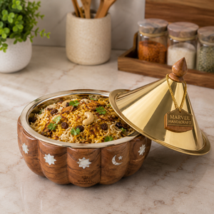 Marvel Handicraft Luxury Wooden Insulated Casserole with Gold Stainless Steel Tagine Lid Premium Hot <b>Food</b> <b>Server</b> Decorative - Product Image 3
