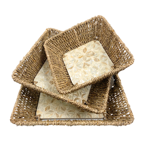 Bandeja de incrustaciones de Capiz cuadrada hecha a mano de MDF con elegante patrón de estrella geométrica, cesta tejida decorativa para servir y almacenar para el hogar - Product Image 6