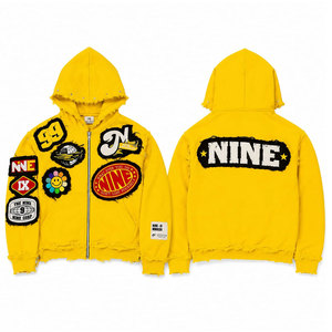 Sweat-shirt à capuche zippé surdimensionné jaune pour homme avec design patchwork, style streetwear, en coton tricoté, avec logo appliqué sur le devant - Product Image 1