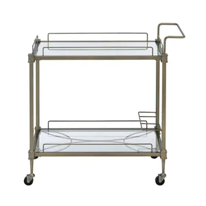 Chariot de bar en métal doré avec étagères en verre et roulettes, design rectangulaire glamour pour les fêtes - Product Image 3
