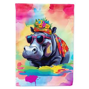 Drapeau de jardin hippopotame multicolore Hippie Animal Bannière décorative de cour pour patio Oeuvre d'art pour parterres de fleurs Boîte aux lettres Panneaux de pelouse - Product Image 1