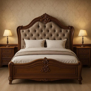 <b>Bed</b> set made of solid mahogany wood with a <b>soft</b> foam-covered headboard with a dark brown finishing color for bedrooms indoor use - Product Image 1