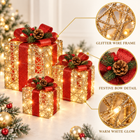 Ensemble de 3 décorations de boîte cadeau en fil métallique scintillant à piles avec nœud en ruban rouge et LED blanc chaud pour l'arbre de Noël