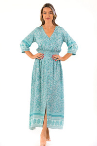 Bohème rayonne imprimé mi-longueur Maxi robe femmes attrayant col en v manches longues tissé bouton plage vacances motif à la mode - Product Image 4