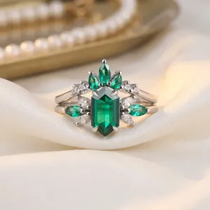 Women Engagement Wedding Anniversary Gift Band <b>Emerald</b> Cut Stone 925 <b>Silver</b> Gold Plated Prong Setting Romantic Design <b>Ring</b> - Product Image 2