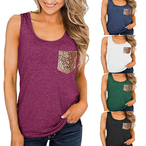 Débardeur gris sans manches pour femme avec poche à paillettes, col rond, gilet décontracté en coton tricoté - Product Image 6