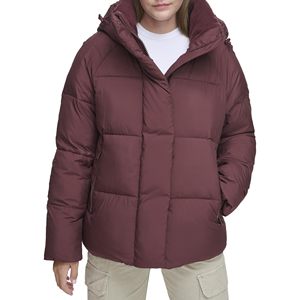 Chaqueta Acolchada con Capucha para Mujer, Color Borgoña, Manga Larga, Abrigo de Invierno, Relleno Grueso de Poliéster, Largo Regular - Product Image 1