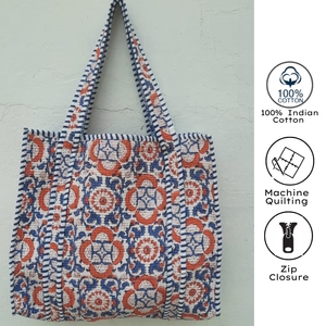 Bolsa de Mano de Algodón con Estampado Artesanal Bohemio y Panel Bordado en Azul, Rojo y Blanco, Bolsa de Compras Abierta para Todas las Temporadas - Product Image 5