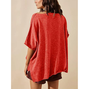 T-shirt en tricot ample à col rond et manches courtes pour femme, couleur unie rose, coupe ample, vêtements décontractés pour le printemps et l'été - Product Image 6