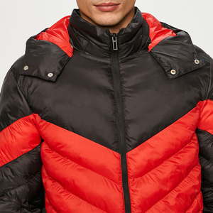 Men's <b>Red</b> Black Color Block Hooded Puffer <b>Jacket</b> Windproof Polyester Winter Coat Casual Outerwear Regular Fit Zipper Closure - Product Image 3
