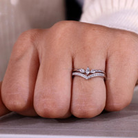 Anillo de Boda de Oro Sólido de 14K con Diamante Cultivado en Laboratorio, Corte Marquesa Curvo, en Forma de V, con Engaste Pavé, a Juego con Anillo de Compromiso Apilable de Eternidad con Diseño Chevron