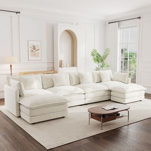 Divano Sezionale Modulare a U Grande Reversibile con Chaise Longue, Comodo Divano da Soggiorno in Ciniglia Bianca con Doppi Pouf Extra - Product Image 1