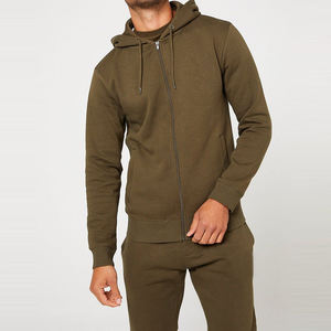 Men's Olive Green Hooded Tracksuit Set Full Zip Sweatshirt Jogger Pants Solid Color Casual Autumn Wear Anti-Shrink Lightweight - Product Image 3