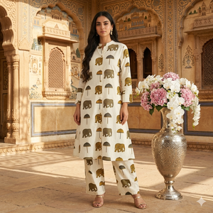 Conjunto de Dos Piezas para Mujer, Estampado de Algodón Premium, Kurta Larga Blanca con Botones y Pantalones, Ropa Tradicional Étnica para Fiestas - Product Image 1