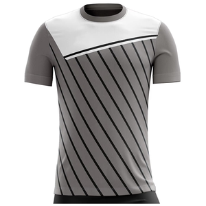 Maillot de football gris et blanc rayé pour homme, col rond, manches courtes, en polyester respirant, imprimé par sublimation, coupe classique - Product Image 3