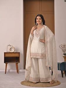 Women's Ivory Embroidered Modern Pakistani Summer/Winter Ethnic Party Wear Salwar Kameez Set with Organza Dupatta - Product Image 2