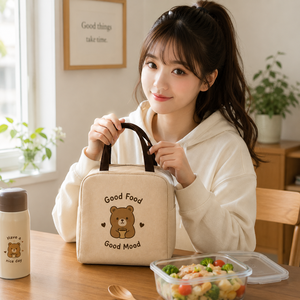 Sac à déjeuner en toile imprimé ours Good Food Good Mood, fermeture éclair isolée, 8x7,5x4,5 pouces, beige - Product Image 3