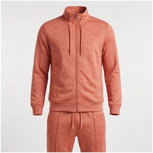 Ensemble de survêtement corail pour homme, manches longues, col montant, fermeture éclair sur le devant, couleur unie, respirant, coupe décontractée, pour l'automne - Product Image 1