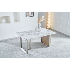 Elegante Tavolo da Pranzo di Lusso in MDF Effetto Marmo Noce, 6-8 Posti, Rettangolare 160x90x75 cm, Gambe in Acciaio Inox, Design Moderno - Product Image 1