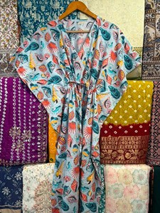 Cotton Casual <b>Kaftan</b> Free <b>Size</b> Luxury Handmade Block Print Eco-Friendly Ankle-Length Feathers Resort Wear for Women Sustainable - Product Image 5