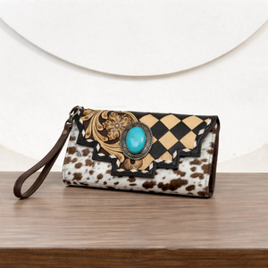 Western Checkered Pattern Cowhide Leather <b>Wristlet</b> Wallet for Women Turquoise Concho Clutch Wallet Ladies Card Holder Purse - Product Image 2