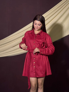 Women's Red Button Down Shirt <b>Dress</b> <b>Belt</b> Wrap Casual Full Sleeve Solid Color Woven Poplin Fabric Regular Fit Short Length Party - Product Image 4