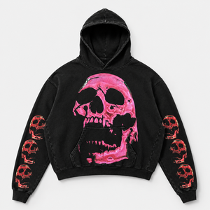 Sudadera con Capucha Oversize Unisex Negra Lavada Estilo Vintage con Gráfico de Calavera Estampado en Serigrafía, de Forro Polar Pesado de Algodón/Poliéster - Product Image 1