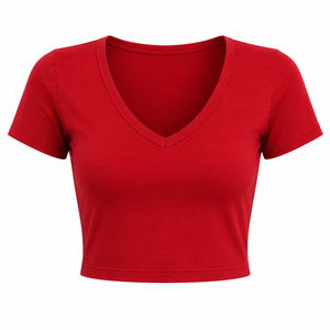 T-shirt court à col rond rouge pour femme, manches courtes, coupe ajustée, tricoté, uni, décontracté, streetwear, 100% coton, printemps été - Product Image 1