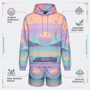 Ensemble veste coupe-vent imperméable et short – Survêtement d'été personnalisé en nylon léger avec sweat à capuche et pantalon de jogging - Product Image 5