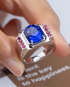 Square <b>Emerald</b> Cut Blue Center Stone Rose Gold Plated 925 <b>Silver</b> <b>Ring</b> Red Side Stone Vintage Statement Band Daily Wear - Product Image 6
