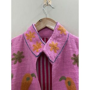Chaqueta con bordado floral para mujer, cuello mandarín, manga larga, abrigo abierto de otoño, diseño hecho a mano - Product Image 2