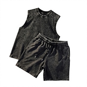Ensemble décontracté d'été pour homme : T-shirt sans manches en coton et short, col rond, couleur unie, respirant, tricoté, deux pièces - Product Image 1
