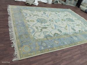 Alfombra Antideslizante de Lana y Algodón Tejida a Mano, Diseño Abstracto, Pelo Corto y Fino, Color Verde Pastel Oushak, para Sala de Estar - Product Image 4