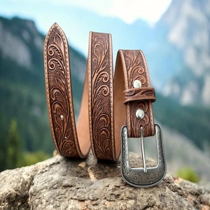 Cinturón de Cuero Occidental para Hombre, Tallado a Mano con Patrón Floral, Hebilla de Aleación de Bronce, Resistente y Duradero, G.K. INTERNATIONAL - Product Image 3