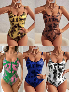 Unisex One Piece Geometric Print Swimwear Halter Neck High Cut Cheeky Spandex Polyester Stretch Anti-UV Bodysuit Beachwear - Product Image 6