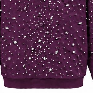 Plum Pearl <b>Zip</b> Up <b>Hoodie</b> Decorative Pearl Studded Fashion Streetwear Jacket Long Sleeve Hooded Sweatshirt With Front <b>Pockets</b> - Product Image 6