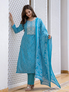 Blue Rayon Quick Dry Multi-Season <b>Kurta</b> Set Printed Dupatta Traditional Wear <b>for</b> <b>Women</b> India Pakistan Casual Midi Length Regular - Product Image 6