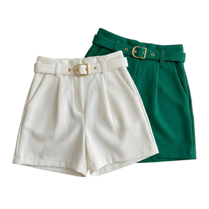 Shorts en tissu tricoté taille haute pour femmes, couleur unie, avec ceinture, coupe décontractée, 100% coton, logo personnalisé, blanc, vert - Product Image 4