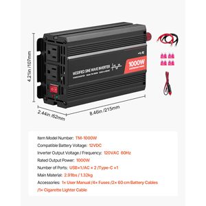 Inverter di Potenza da 1000W 12V a 120V con 2 Prese AC e Porta USB Tipo C, Corrente di Uscita 10A - Product Image 3