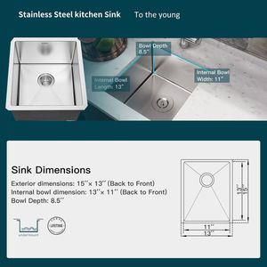 Lavello da cucina a incasso singolo in acciaio inossidabile calibro 16 per bar o aree di preparazione, categoria prodotto: piatti e stoviglie - Product Image 3