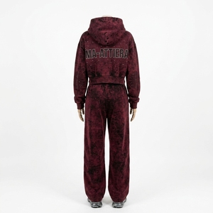 Custom Womens Acid Wash <b>Burgundy</b> Cropped Hoodie Wide Leg Sweatpants Set Cotton Fleece Streetwear Tracksuit OEM Wholesale - Product Image 4